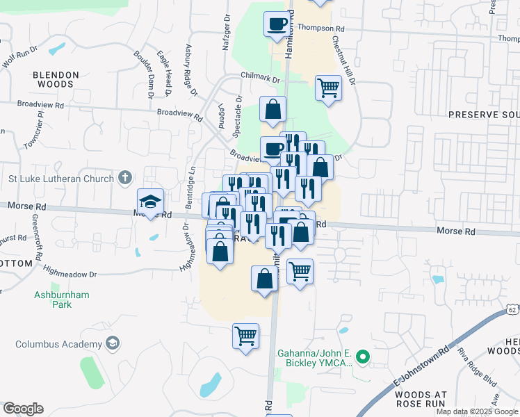 map of restaurants, bars, coffee shops, grocery stores, and more near 4784 Morse Road in Columbus
