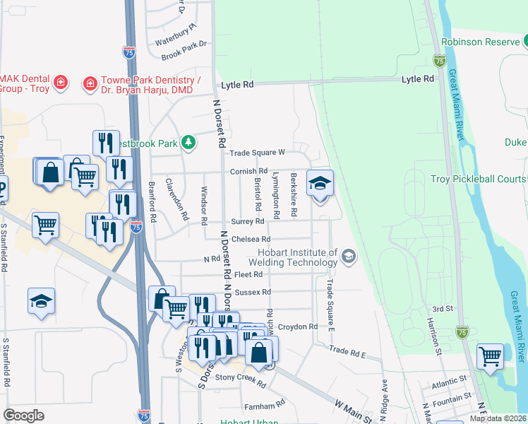 map of restaurants, bars, coffee shops, grocery stores, and more near 717 Bristol Road in Troy