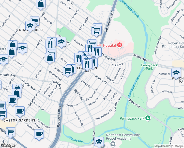 map of restaurants, bars, coffee shops, grocery stores, and more near 2624 Rhawn Street in Philadelphia