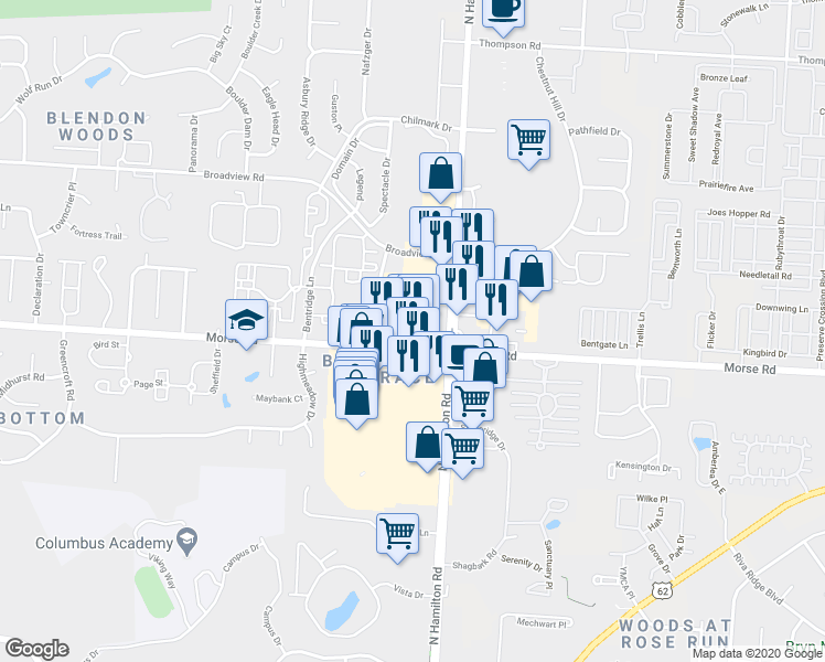 map of restaurants, bars, coffee shops, grocery stores, and more near 4784 Morse Road in Columbus