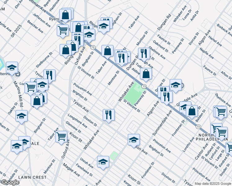map of restaurants, bars, coffee shops, grocery stores, and more near 7201 Dungan Road in Philadelphia