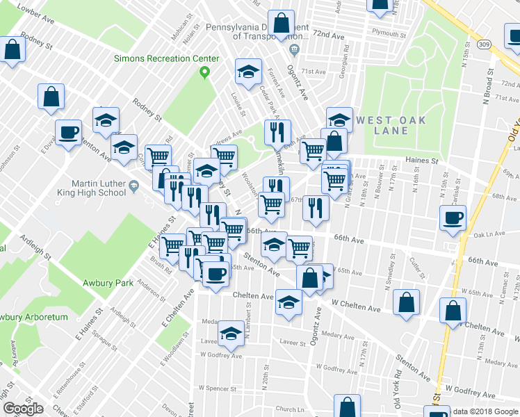 map of restaurants, bars, coffee shops, grocery stores, and more near 6710 Woolston Avenue in Philadelphia