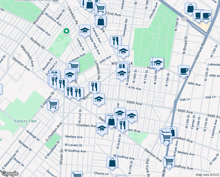 map of restaurants, bars, coffee shops, grocery stores, and more near 6649 North 20th Street in Philadelphia