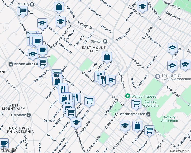 map of restaurants, bars, coffee shops, grocery stores, and more near 320 East Phil Ellena Street in Philadelphia