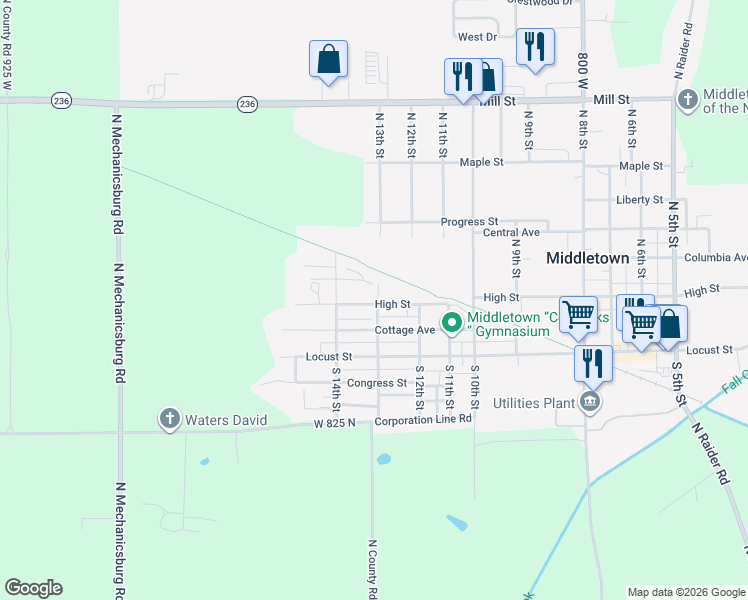 map of restaurants, bars, coffee shops, grocery stores, and more near 303 North 13th Street in Middletown