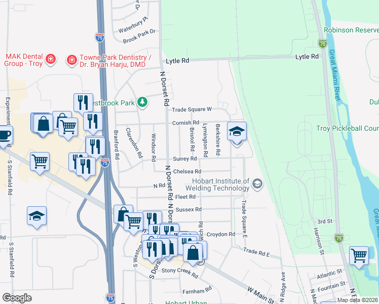 map of restaurants, bars, coffee shops, grocery stores, and more near 717 Bristol Road in Troy