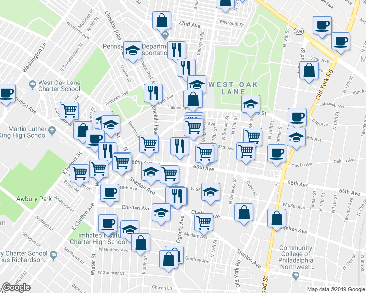 map of restaurants, bars, coffee shops, grocery stores, and more near 6651 North Uber Street in Philadelphia