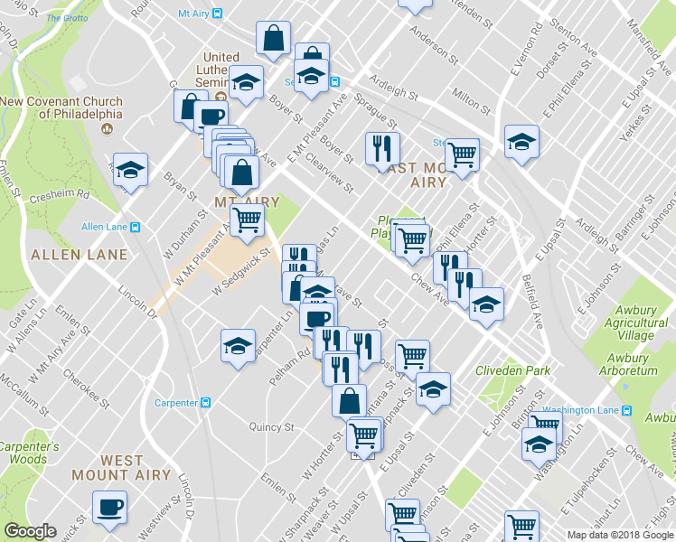 map of restaurants, bars, coffee shops, grocery stores, and more near 118 Meehan Avenue in Philadelphia