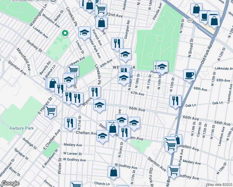 map of restaurants, bars, coffee shops, grocery stores, and more near 6651 North Uber Street in Philadelphia