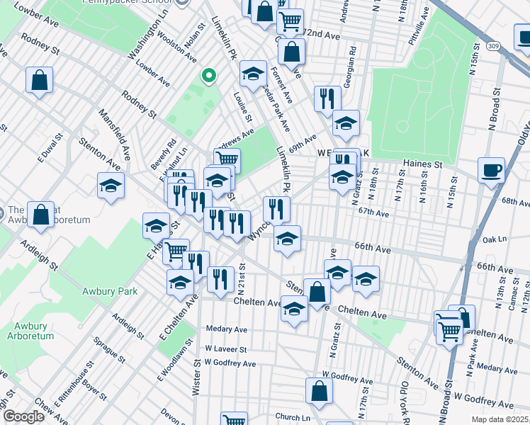 map of restaurants, bars, coffee shops, grocery stores, and more near 6710 Woolston Avenue in Philadelphia
