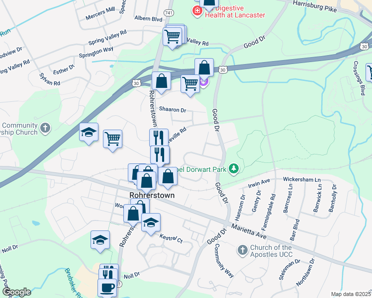 map of restaurants, bars, coffee shops, grocery stores, and more near 220 Parklawn Court in Lancaster