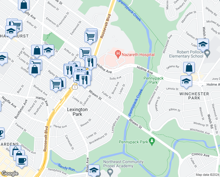 map of restaurants, bars, coffee shops, grocery stores, and more near 8121 Revere Street in Philadelphia