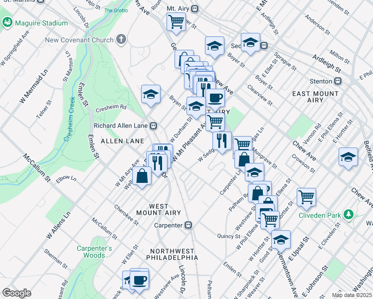 map of restaurants, bars, coffee shops, grocery stores, and more near 214 West Mount Pleasant Avenue in Philadelphia