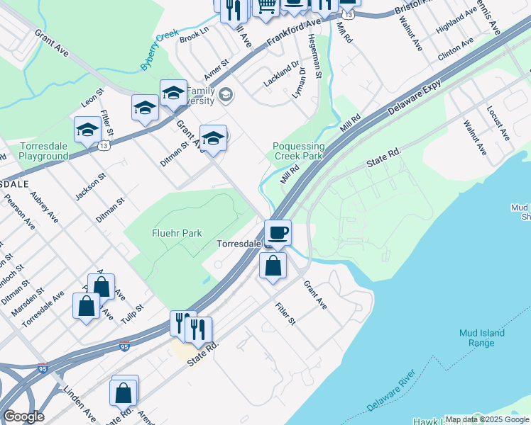 map of restaurants, bars, coffee shops, grocery stores, and more near 4803 Grant Avenue in Philadelphia