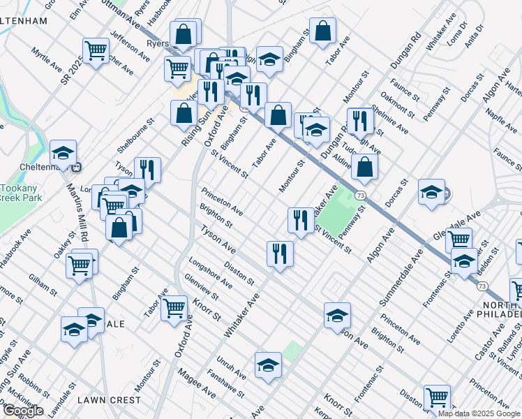 map of restaurants, bars, coffee shops, grocery stores, and more near 7116 Montour Street in Philadelphia