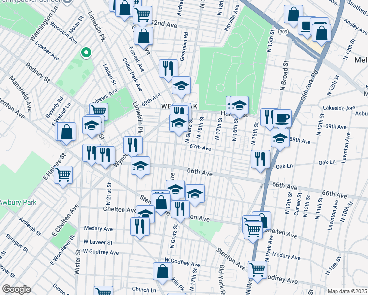 map of restaurants, bars, coffee shops, grocery stores, and more near 1822 67th Avenue in Philadelphia