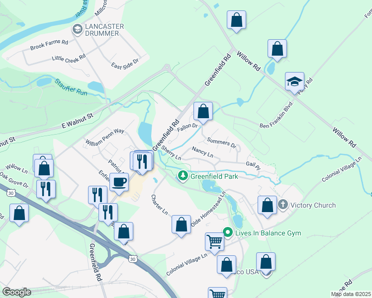 map of restaurants, bars, coffee shops, grocery stores, and more near 723 Nancy Lane in Lancaster