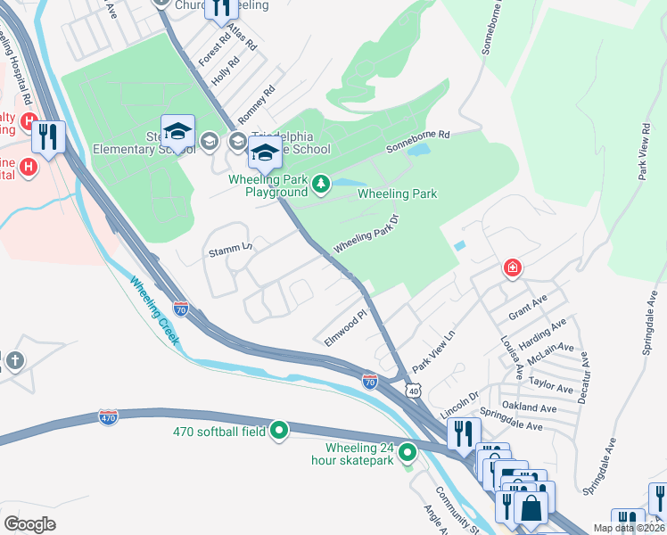 map of restaurants, bars, coffee shops, grocery stores, and more near 1793 National Rd in Wheeling