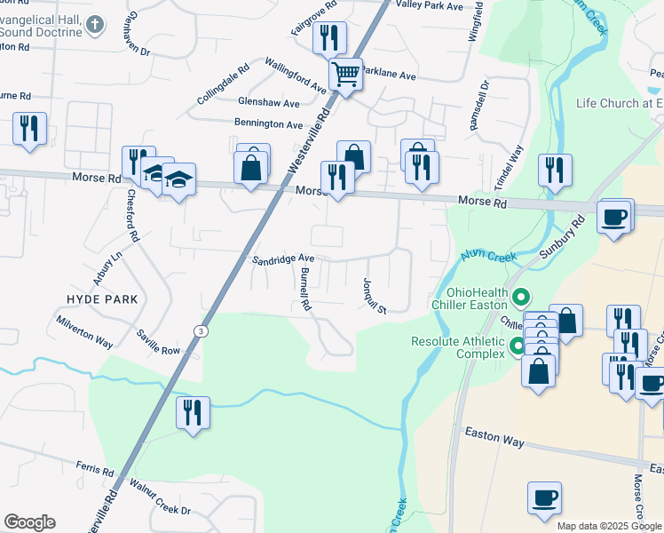 map of restaurants, bars, coffee shops, grocery stores, and more near 4180 Walnut Ridge Drive in Columbus