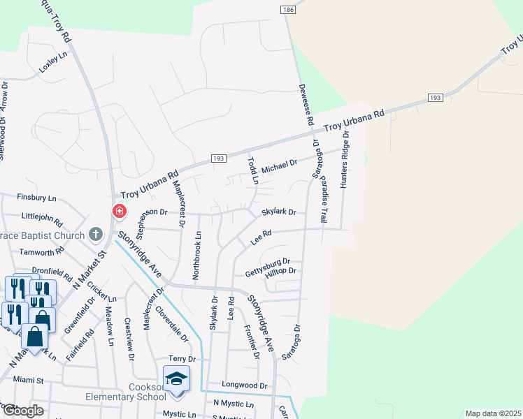 map of restaurants, bars, coffee shops, grocery stores, and more near 1408 Skylark Drive in Troy
