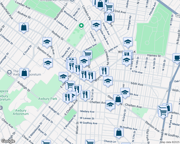 map of restaurants, bars, coffee shops, grocery stores, and more near 2104 Eastburn Avenue in Philadelphia
