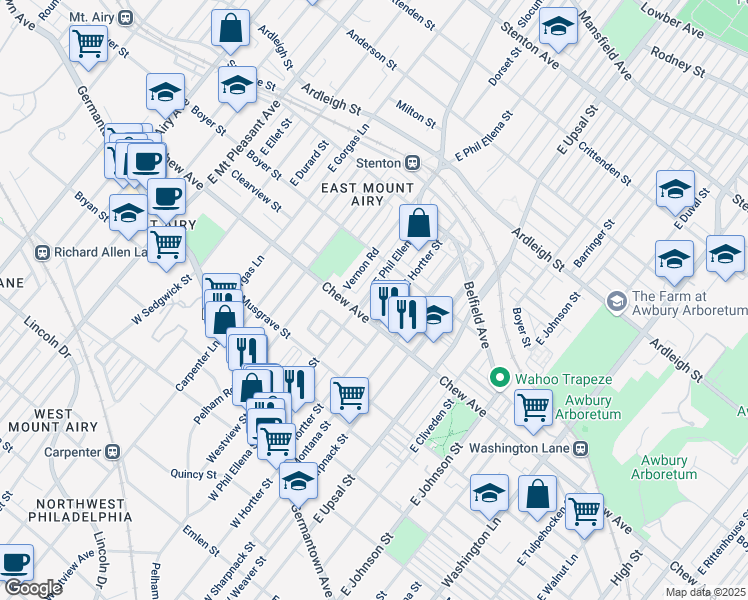 map of restaurants, bars, coffee shops, grocery stores, and more near 320 East Phil Ellena Street in Philadelphia