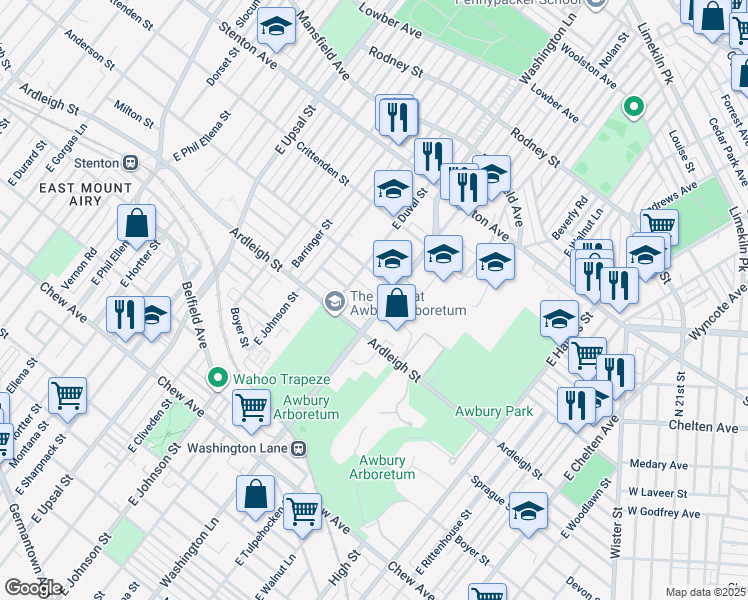 map of restaurants, bars, coffee shops, grocery stores, and more near 6305 Milton Street in Philadelphia