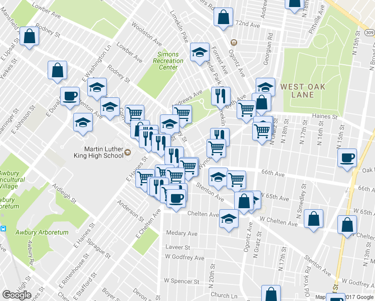 map of restaurants, bars, coffee shops, grocery stores, and more near 2102 Eastburn Avenue in Philadelphia