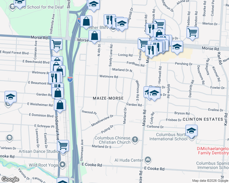 map of restaurants, bars, coffee shops, grocery stores, and more near 4435 Okell Rd in Columbus