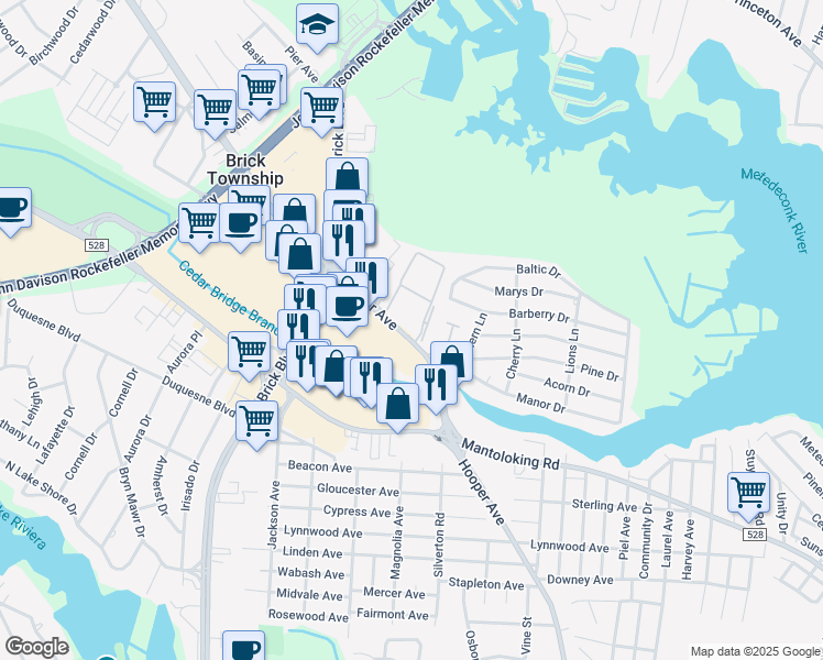 map of restaurants, bars, coffee shops, grocery stores, and more near 2747 Hooper Avenue in Brick Township