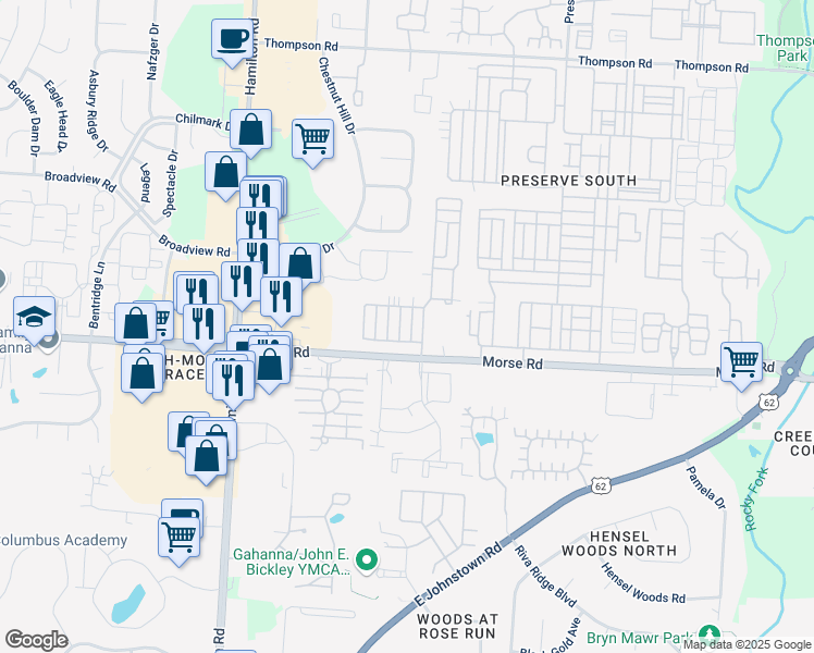 map of restaurants, bars, coffee shops, grocery stores, and more near 3745 Brightwell Lane in Columbus