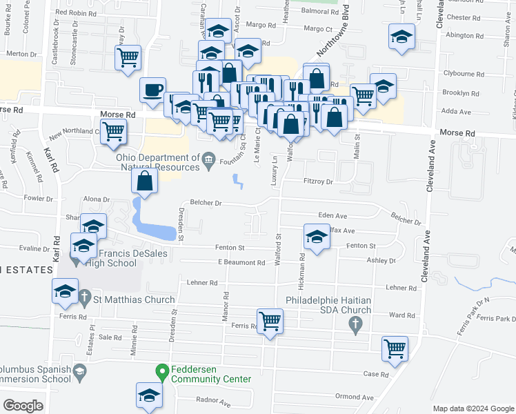 map of restaurants, bars, coffee shops, grocery stores, and more near 4436 Belcher Court in Columbus