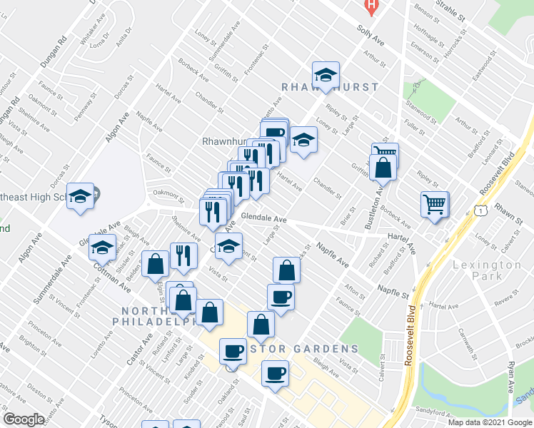 map of restaurants, bars, coffee shops, grocery stores, and more near 2040 Napfle Street in Philadelphia