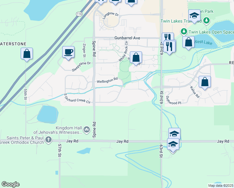 map of restaurants, bars, coffee shops, grocery stores, and more near 6044 Scotswood Court in Boulder
