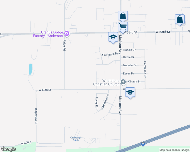 map of restaurants, bars, coffee shops, grocery stores, and more near 5827 Granite Drive in Anderson