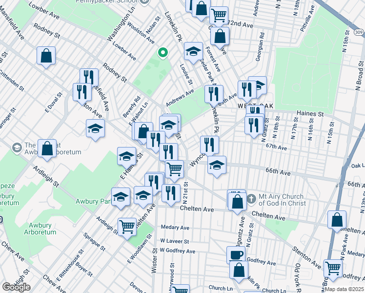 map of restaurants, bars, coffee shops, grocery stores, and more near 2100 Eastburn Avenue in Philadelphia