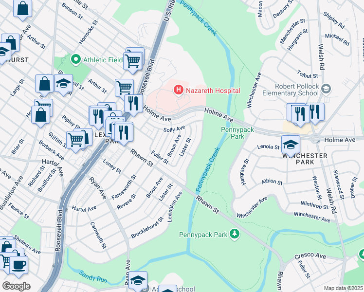 map of restaurants, bars, coffee shops, grocery stores, and more near 8134 Lister Street in Philadelphia