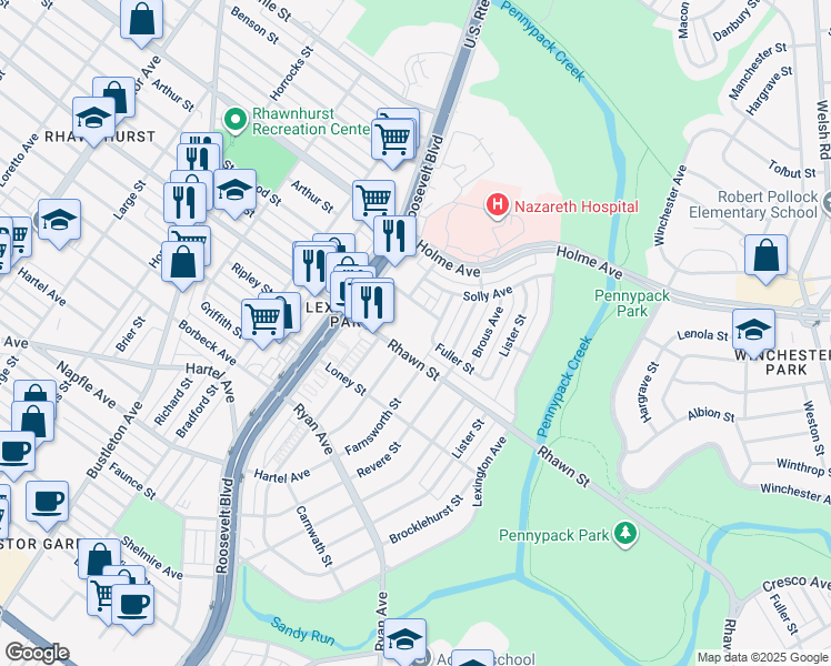 map of restaurants, bars, coffee shops, grocery stores, and more near 2727 Rhawn Street in Philadelphia