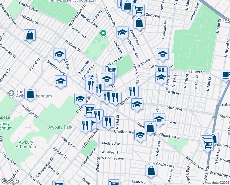 map of restaurants, bars, coffee shops, grocery stores, and more near 2102 Eastburn Avenue in Philadelphia