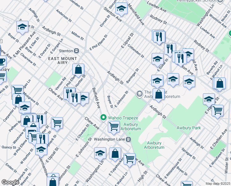 map of restaurants, bars, coffee shops, grocery stores, and more near 6449 Sprague Street in Philadelphia