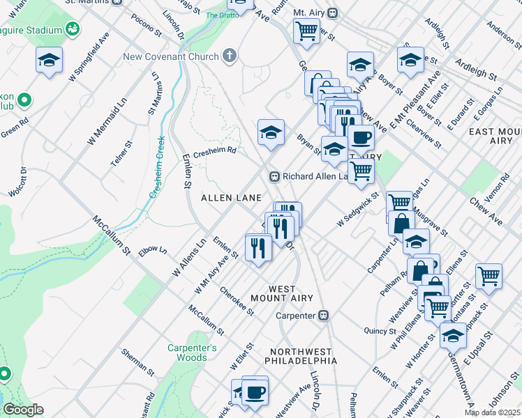 map of restaurants, bars, coffee shops, grocery stores, and more near 225 West Mount Airy Avenue in Philadelphia