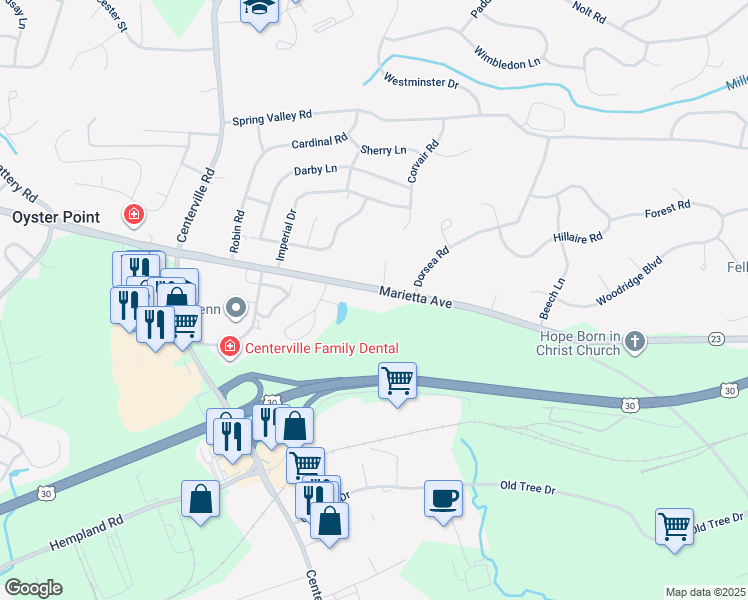 map of restaurants, bars, coffee shops, grocery stores, and more near 2820 Marietta Avenue in Lancaster