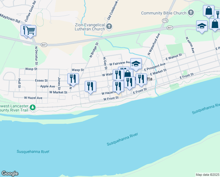 map of restaurants, bars, coffee shops, grocery stores, and more near 169 West Market Street in Marietta