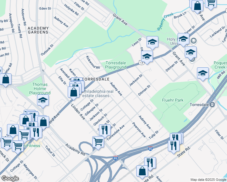 map of restaurants, bars, coffee shops, grocery stores, and more near 4420 Aubrey Avenue in Philadelphia