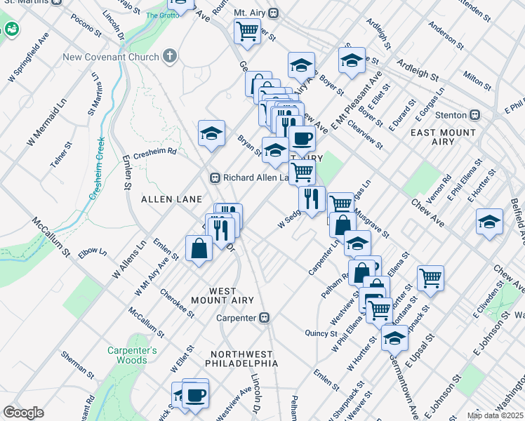 map of restaurants, bars, coffee shops, grocery stores, and more near 212 West Mount Pleasant Avenue in Philadelphia