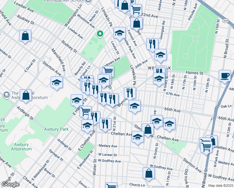 map of restaurants, bars, coffee shops, grocery stores, and more near 2087 Independence Street in Philadelphia
