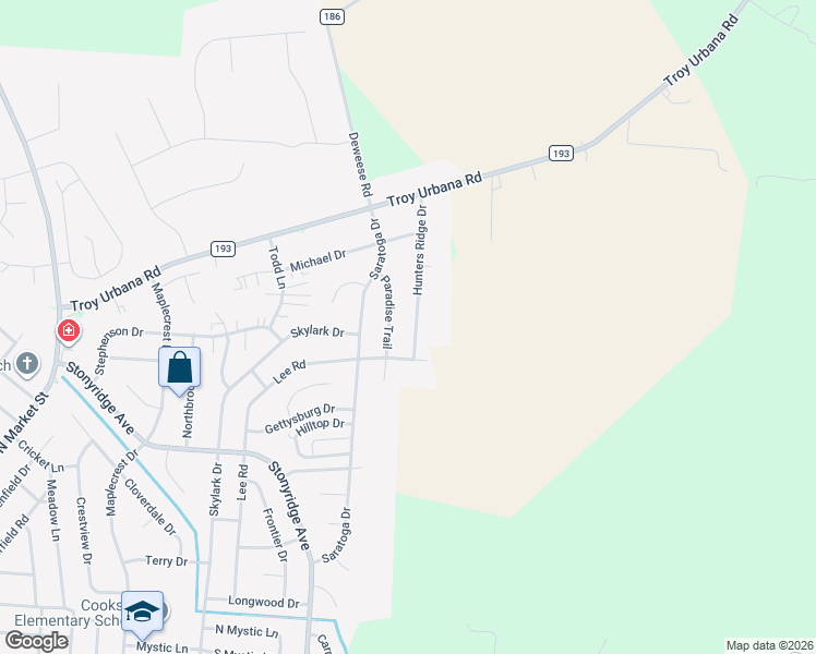 map of restaurants, bars, coffee shops, grocery stores, and more near 1728 Hunters Ridge Drive in Troy