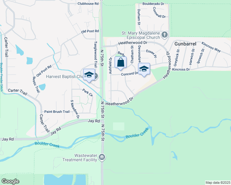 map of restaurants, bars, coffee shops, grocery stores, and more near 7564 Aberdeen Way in Boulder