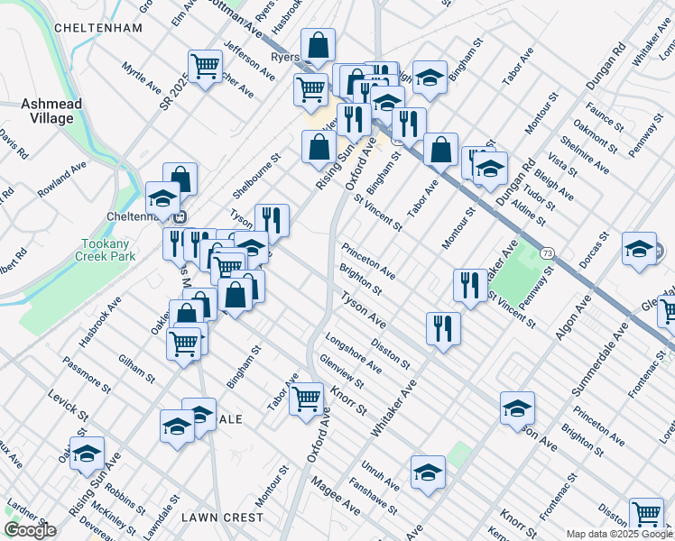 map of restaurants, bars, coffee shops, grocery stores, and more near 3615 Glenn Street in Philadelphia