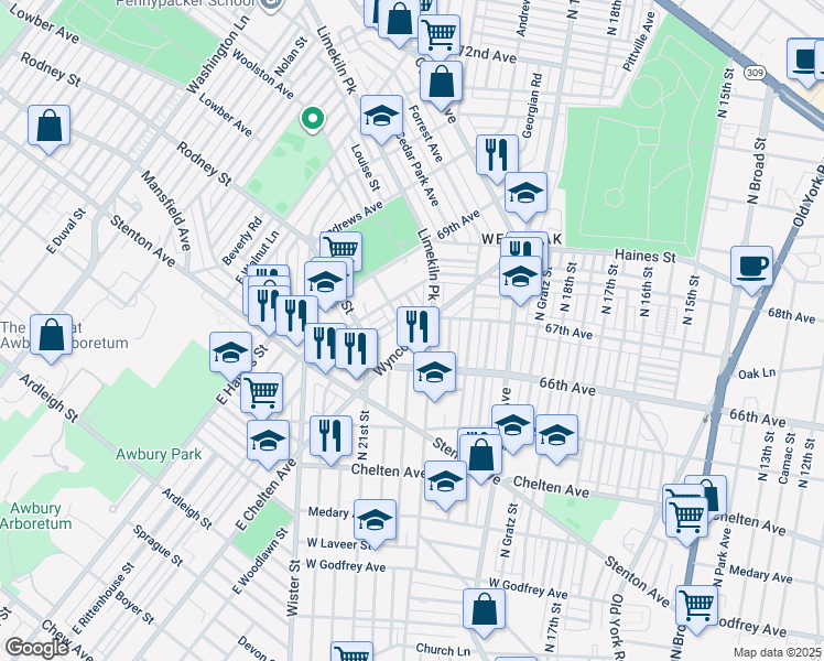 map of restaurants, bars, coffee shops, grocery stores, and more near 6701 Woolston Avenue in Philadelphia